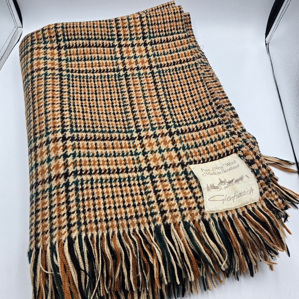 Vtg Glenfiddich Pure New Wool Houndstooth Fringed 54x70 Large Throw Blanket